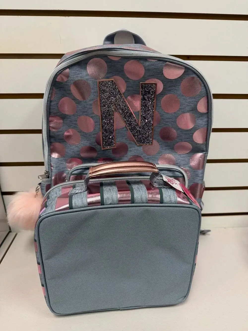 Justice Girls Rose Gold Foil Polka Dot Initial 'N' Backpack &  Lunch Tote Set NW